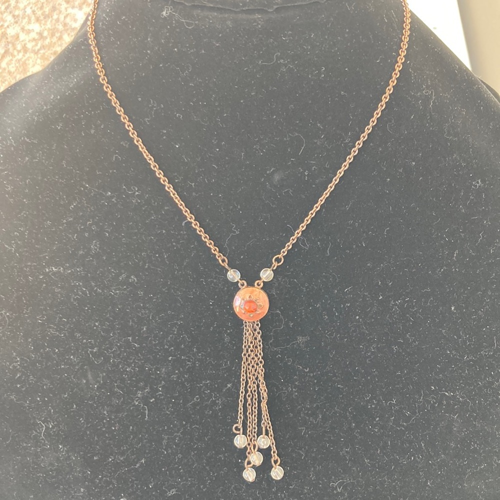 Tassel necklace Copper chain Copper round pendant pink stone vintage 16”